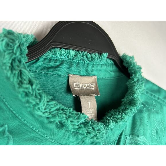 Chico’s Linen Blend Button Down Jacket Women’s Size 1 Green Floral Embroidered - Picture 3 of 7